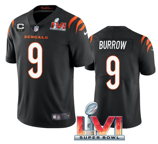 Men's Black Cincinnati Bengals #9 Joe Burrow 2022 With C Patch Super Bowl LVI Vapor Limited Stitched Jersey
